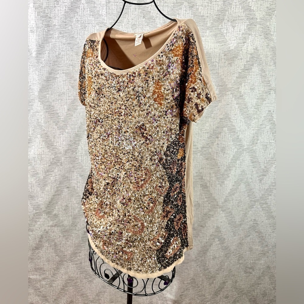 Sundance tan multi-color sequin scoop neck blouse size M - Picture 3 of 10